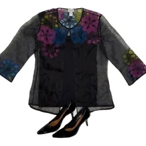 Chico's Black Sheer Flower Applique Overlay Jacket
